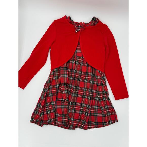 Girls Plaid Christmas Dress & Red Jacket | Size 130 | US 7/8 | Holiday Outfit - Picture 2 of 3